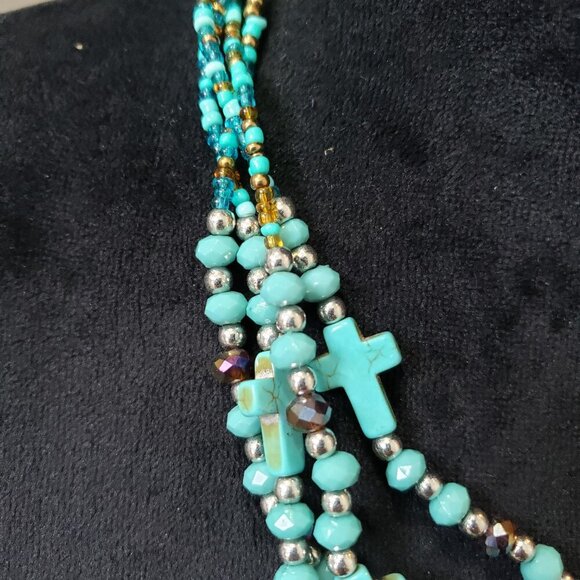 Womens Turquoise & Amber Glass Bead Multi Strand Cross Necklace w/ Lobster Clasp - Picture 5 of 6